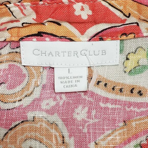Charter Club Womens 100% Linen Floral Paisley Button Up Shirt Pink Multi Large - Picture 6 of 14